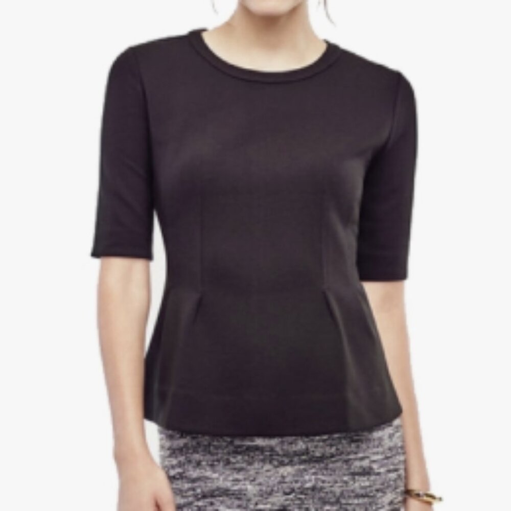 Ann Taylor Petite Black Stretchy Peplum Top with 3/4 Sleeves - Size S/P